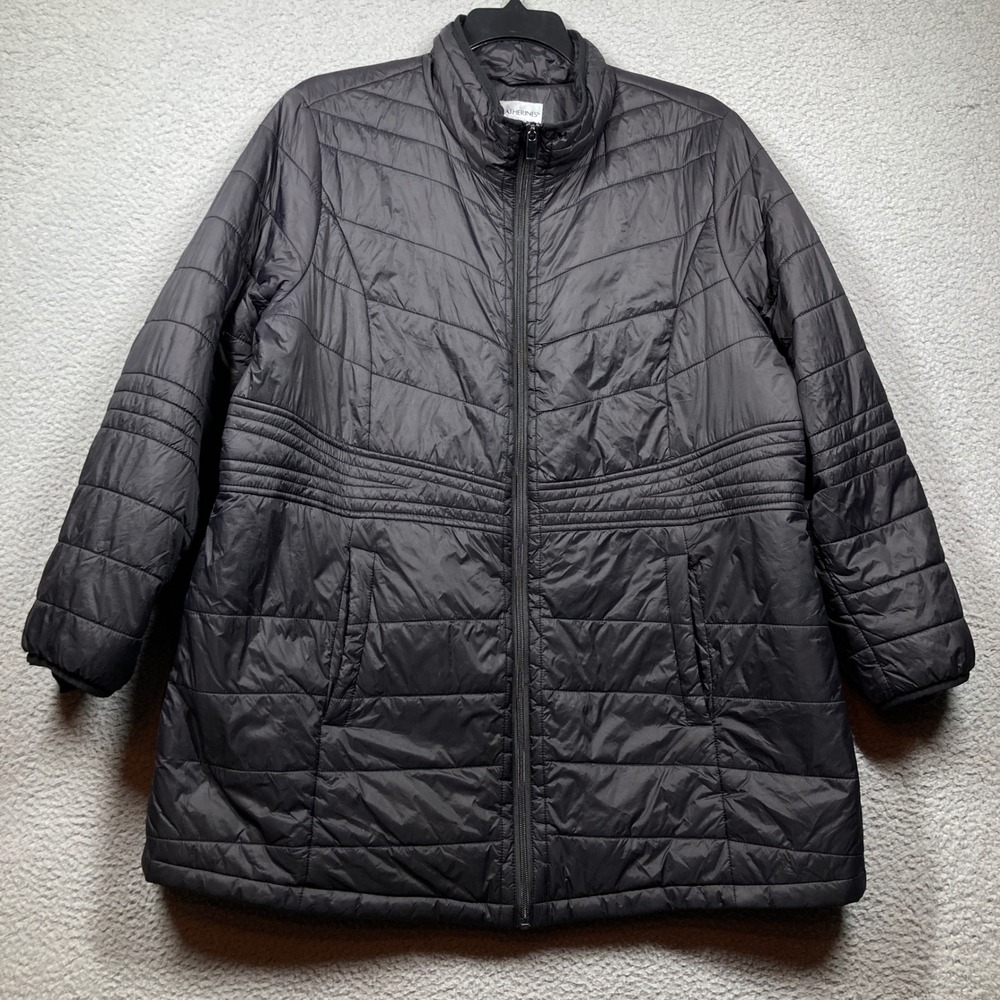 Catherines Puffer Jacket Womens 1X Black Quilted Full Zip Lightweight Mid Length